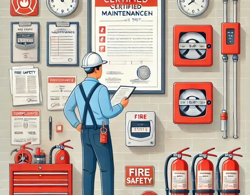 DALL·E 2025-01-09 20.02.56 - A professional illustration showing a certified maintenance technician inspecting fire safety systems, such as extinguishers, fire alarms, and sprinkl